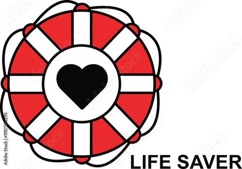 Life preserver ring with black heart, lifesaver symbol, rescue equipment, emergency flotation device, drowning prevention, water safety, help and care, protection symbol.