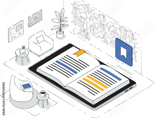 Isometric Illustration of Digital E-book on Tablet in Cozy Home Library; Concept for Online Education, Literature, and Modern Reading Technology