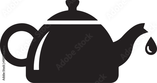 Black teapot icon, tea kettle symbol, pouring liquid, kitchen utensil, simple vector