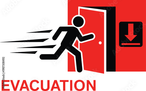 Running person exiting an open door, evacuation sign, emergency exit, safety information, speed lines.