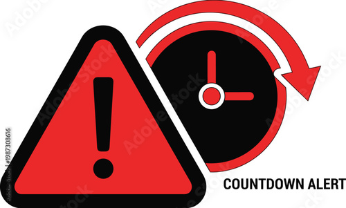Warning sign and clock with arrow, countdown alert, time limit, urgency, approaching danger, deadline.