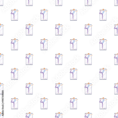 Repeating pattern of a person practicing yoga on a smartphone screen, representing online workout