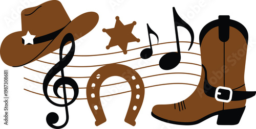 Country music sign cowboy hat with country music poster of country live music festival representing western culture live performance entertainment and rustic musical celebration event design concepts.