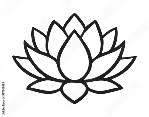 Simple black lotus icon centered, outline on white background conveying calm, balance and harmony, ideal for spa yoga studio meditation app, scalable stroke with crisp negativespace petals, modern