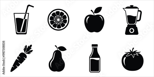 Black and white fruit and vegetable icons with kitchen utensils