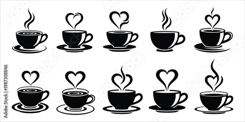 Black and white coffee cups with heart shaped steam arrangements