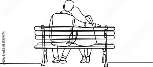 Couple on park bench minimalist continuous line art illustration of two people relaxing together in a calm outdoor setting representing love companionship and peaceful shared moments in modern vector 