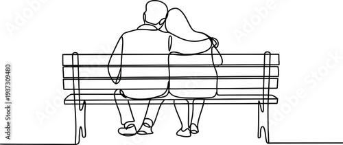 Couple on park bench minimalist continuous line art illustration of two people relaxing together in a calm outdoor setting representing love companionship and peaceful shared moments in modern vector 