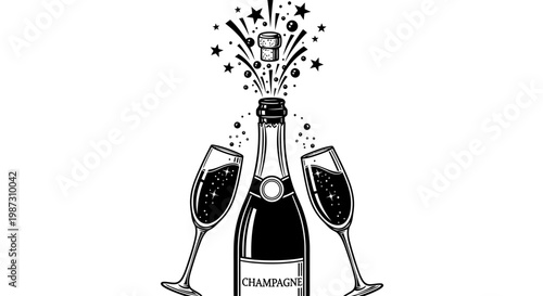 Champagne bottle and glasses celebration.
