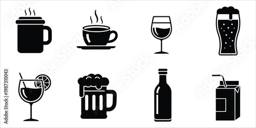 Variety of beverage icons coffee wine beer and cocktails in silhouette