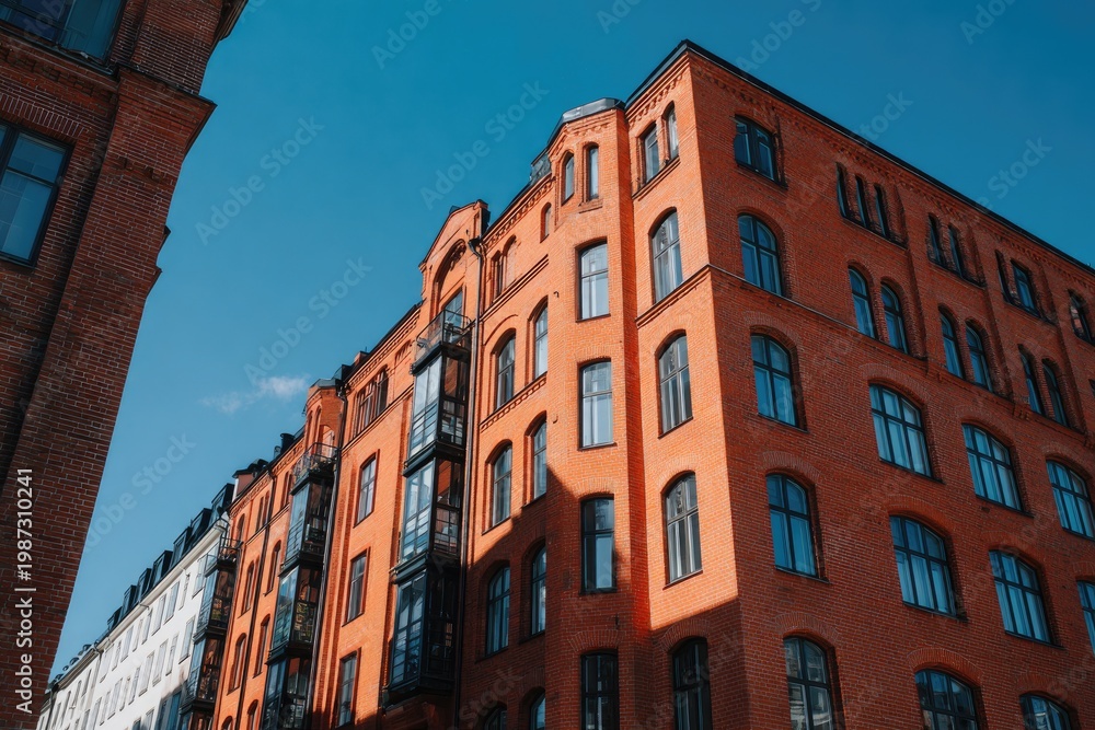 Fototapeta premium Red brick building with many windows under a bright blue sky