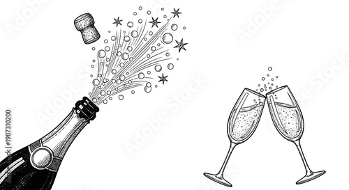Champagne bottle popping with glasses celebrating.