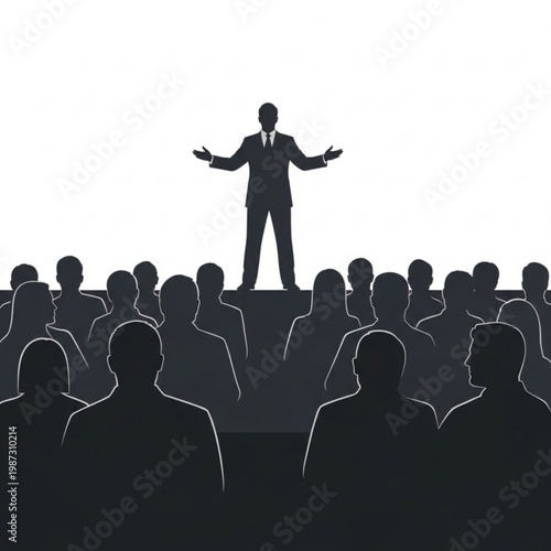 A suited businessman stands confidently on a podium addressing a crowd of people in a minimalist vector graphic illustration