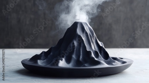 Dark volcano model displaying steam