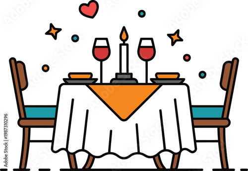 Date night dinner illustrated by a cozy table with two chairs a candle centerpiece and a small heart icon above warm romantic visual capturing connection intimacy and shared evening dining experience 
