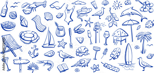 Set of freehand drawings on the theme of sea vacation. Drawn in blue ink marine tropical plants, animals, shells. Collection of linear doodles.