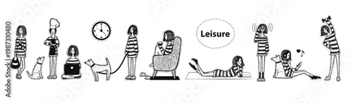 Leisure at home. Girl and dog set. Girl at home is engaged in cooking, sports, reading, working online. Freehand drawing in engraving style.