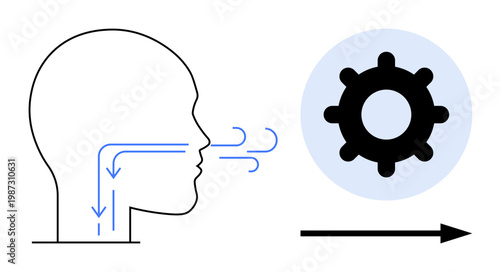 Breathing process. Illustration showing airflow through human respiratory system linked with mechanical gear concept. Breathing essentials and airflow mechanics. For health, medical, engineering