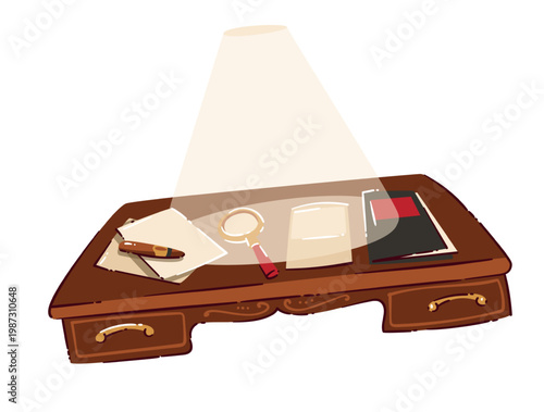 Detective desk with wooden table, documents, magnifying glass, penknife, folder and spotlight cone. Mafia board game clue scene with detective desk, cartoon vector illustration.