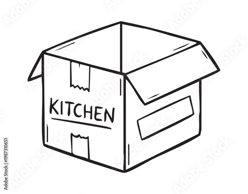 Kitchen cardboard box labeled KITCHEN empty, new homeowner packing scene. Line drawn illustration shows open flaps, marker label, tape accents, simple monochrome sketch on white background, conveys