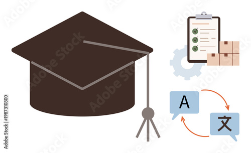 Education, global communication, workflow management, multilingual skills, international business, learning tools. Graduation cap, clipboard checklist translation icons. Education and global