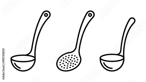 Three clean vector kitchen utensil icons: a ladle and a slotted spoon. Ideal for culinary designs, food blogs, or cooking apps. Minimalist outline.