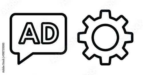 Line art vector icons representing ad settings and digital advertising. Ideal for web design, app interfaces, marketing materials, and SEO content.