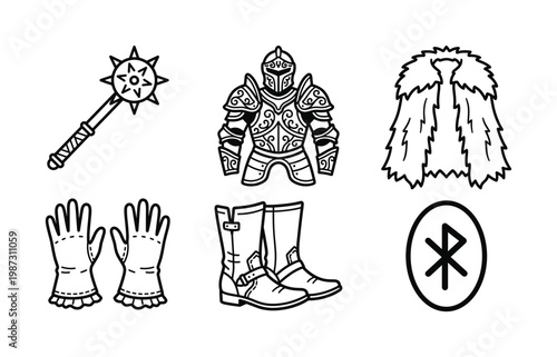 Vector icons featuring medieval and fantasy RPG items: flail, knight armor, fur cloak, gloves, boots, rune. Perfect for game design, apps, or themed graphics.