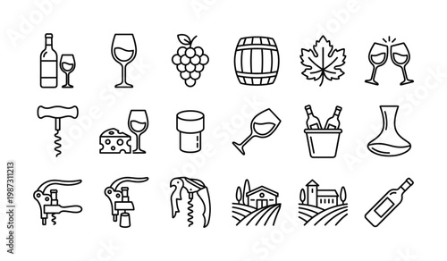 This vector set features essential wine and winemaking symbols including bottles, glasses, grapes, barrels, corkscrews, and vineyards. Great for modern design.
