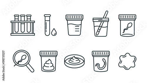 Collection of medical laboratory test icons featuring various specimen containers: urine, stool, blood, semen. Ideal for health, diagnostics, and scientific designs.