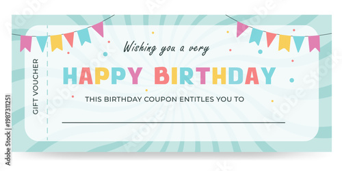 Vector Birthday Gift Coupon Template. A vibrant, festive ticket for receiving or presenting a gift.