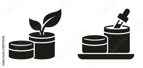 Modern vector icons for natural organic skincare and beauty products, featuring a plant and dropper. Ideal for web, apps, or brand identity.