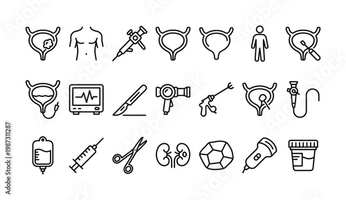 Comprehensive line icons for urology, depicting bladder, kidney health, diagnosis, and surgical tools. Ideal for medical websites, apps, presentations, and educational materials.