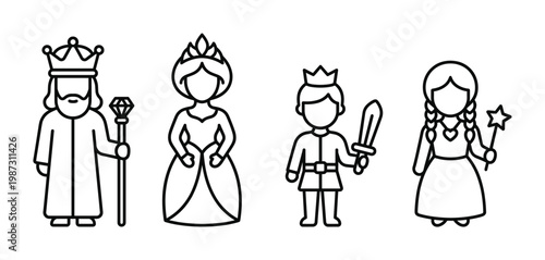 Simple outline vector icons of a royal family: king, queen, prince, and princess. Ideal for fairy tale themes, children's books, games, and educational materials.
