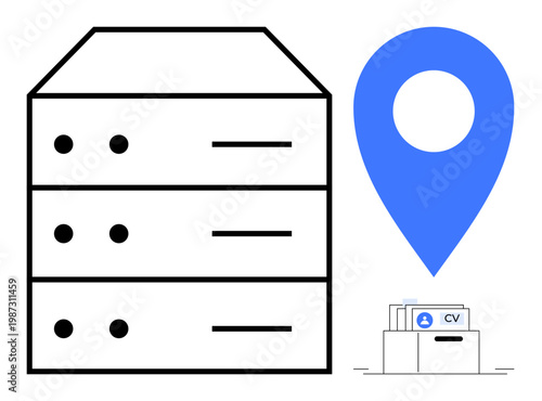 Data storage concept. Database server accompanied by a geolocation pin and document files indicating resource organization. Data storage ensures efficient data accessibility and management. For IT
