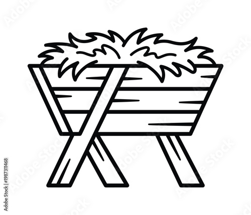 Simple line art vector of a manger with hay, perfect for Christmas, nativity, or religious themes. A humble symbol for holiday designs and icons.