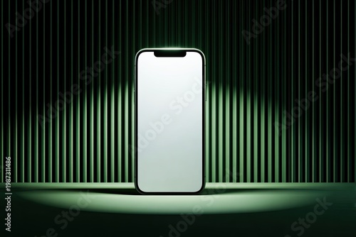 Sleek smartphone with blank screen against ribbed dark green background