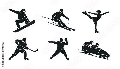 Dynamic vector silhouettes depicting popular winter sports like skiing, snowboarding, ice hockey, figure skating, bobsled, and speed skating. Perfect for graphic design.