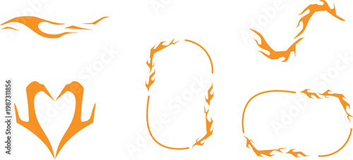 Orange decorative flame elements featuring stylized fire patterns arranged into various shapes including a heart and oval borders to be used for artistic projects requiring bold graphic symbols that p