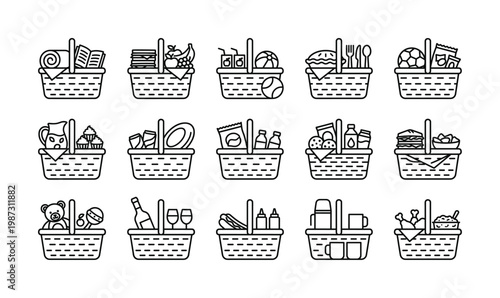 Collection of diverse picnic baskets icons, featuring food, drinks, and leisure items. Perfect for summer, outdoor, and celebration themes in web and graphic design.