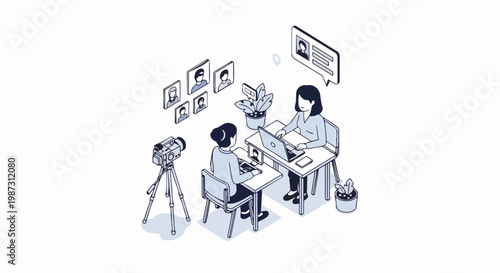 Isometric Illustration of Professional Job Interview and Media Production with Video Camera and HR Recruitment Concept