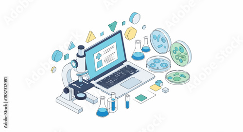 Isometric Laboratory Science and Research Concept with Laptop, Microscope, and Bacteria Cultures in Petri Dishes