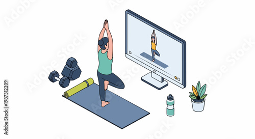 Isometric Vector Illustration of a Woman Practicing Yoga at Home with Online Video Tutorial on a Computer, Digital Fitness and Wellness Concept