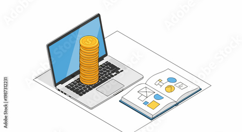 Isometric Illustration of Laptop with Gold Coins and Financial Planning Book for Online Earning and Wealth Concept