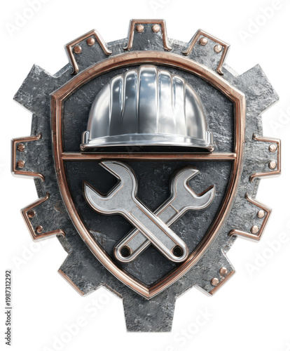 Mechanic tools emblem hard hat and crossed wrench shield icon metal gear crest conveying skilled industrial repair