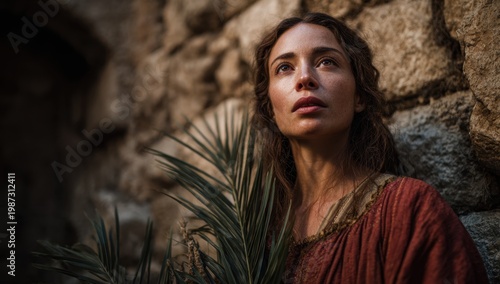 Mary Magdalene holding palm leaves.