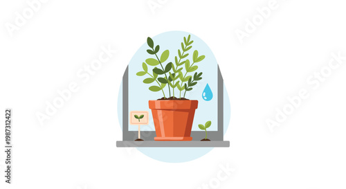 A vibrant green leafy plant thrives inside a terracotta pot placed on a minimalist grey windowsill beside a tiny sprouting seedling under soft blue circular lighting.
