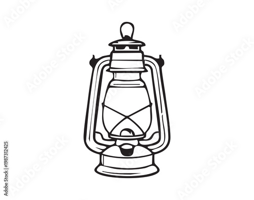 Vintage lantern glowing over campsite during night, detailed line art of glass chamber, metal handle and wick evokes warmth, guidance, emergency preparedness and rustic adventure for outdoor,
