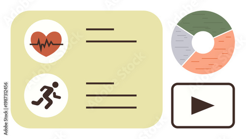 Fitness tracking, health analytics, data visualization, sport monitoring, exercise plans, media content. Icons of a heartbeat, running figure infographic chart and play button. Fitness tracking