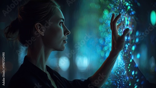 Woman's hand touches glowing digital particles in dark environment
